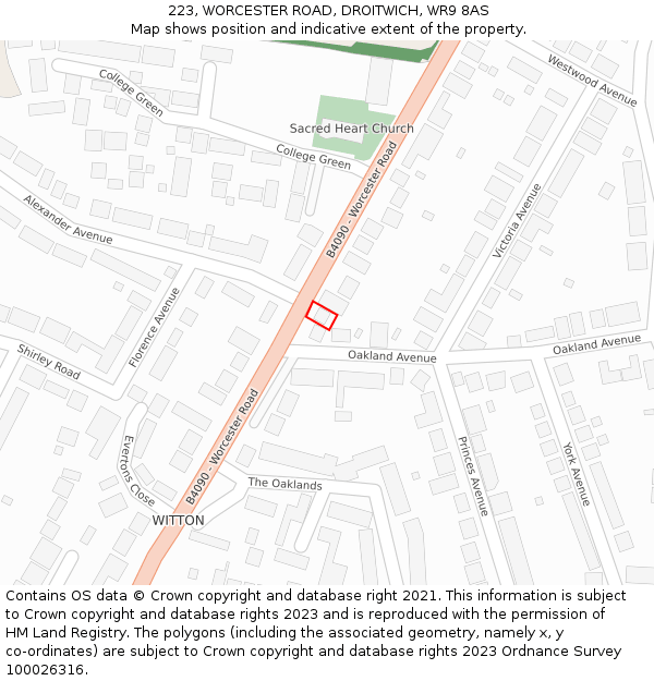 223, WORCESTER ROAD, DROITWICH, WR9 8AS: Location map and indicative extent of plot