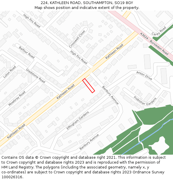 224, KATHLEEN ROAD, SOUTHAMPTON, SO19 8GY: Location map and indicative extent of plot