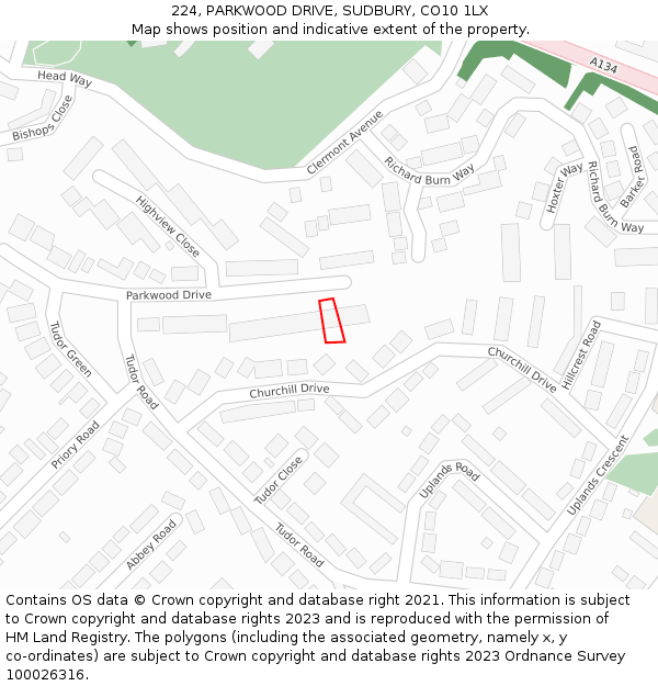 224, PARKWOOD DRIVE, SUDBURY, CO10 1LX: Location map and indicative extent of plot