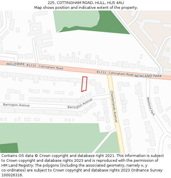 225, COTTINGHAM ROAD, HULL, HU5 4AU: Location map and indicative extent of plot