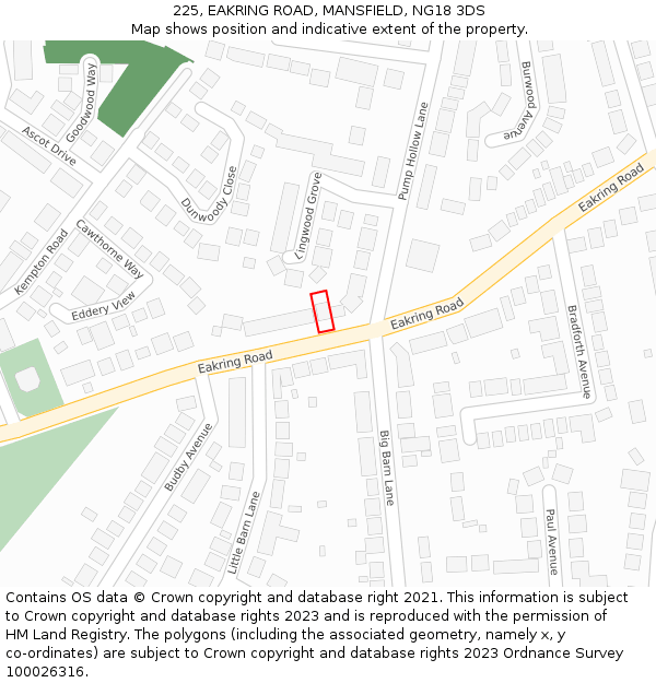 225, EAKRING ROAD, MANSFIELD, NG18 3DS: Location map and indicative extent of plot