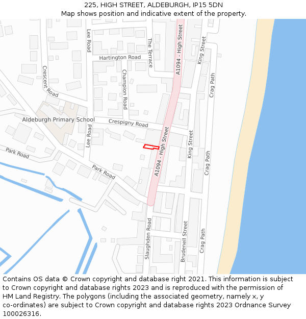225, HIGH STREET, ALDEBURGH, IP15 5DN: Location map and indicative extent of plot
