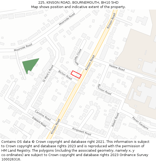 225, KINSON ROAD, BOURNEMOUTH, BH10 5HD: Location map and indicative extent of plot