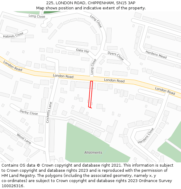 225, LONDON ROAD, CHIPPENHAM, SN15 3AP: Location map and indicative extent of plot