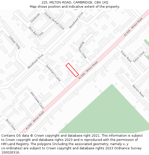 225, MILTON ROAD, CAMBRIDGE, CB4 1XQ: Location map and indicative extent of plot