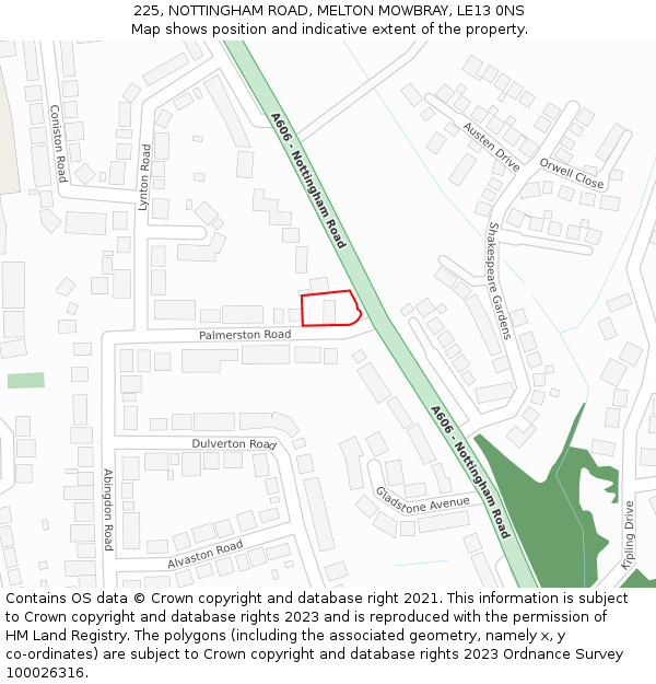 225, NOTTINGHAM ROAD, MELTON MOWBRAY, LE13 0NS: Location map and indicative extent of plot