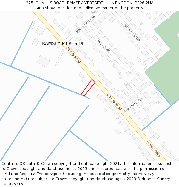 225, OILMILLS ROAD, RAMSEY MERESIDE, HUNTINGDON, PE26 2UA: Location map and indicative extent of plot