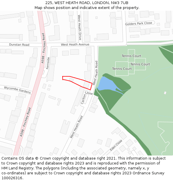 225, WEST HEATH ROAD, LONDON, NW3 7UB: Location map and indicative extent of plot