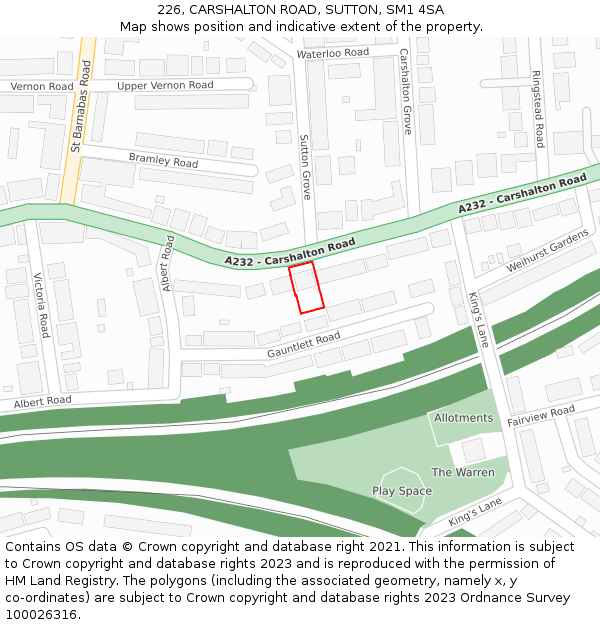 226, CARSHALTON ROAD, SUTTON, SM1 4SA: Location map and indicative extent of plot