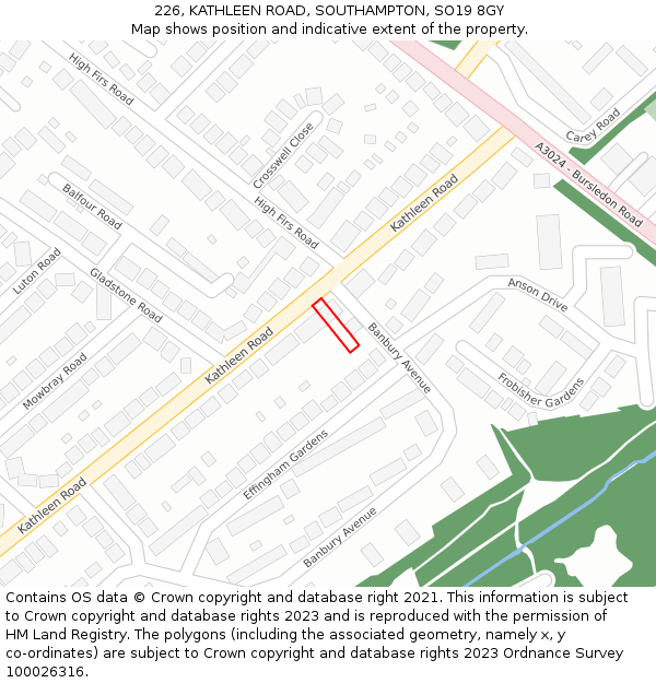 226, KATHLEEN ROAD, SOUTHAMPTON, SO19 8GY: Location map and indicative extent of plot