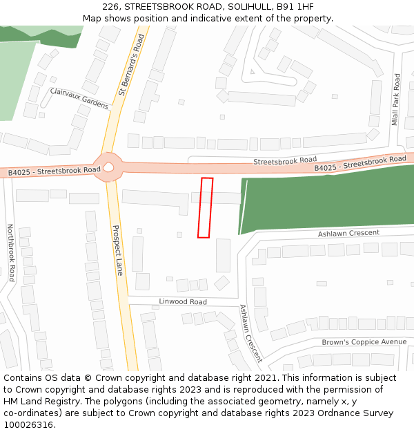 226, STREETSBROOK ROAD, SOLIHULL, B91 1HF: Location map and indicative extent of plot