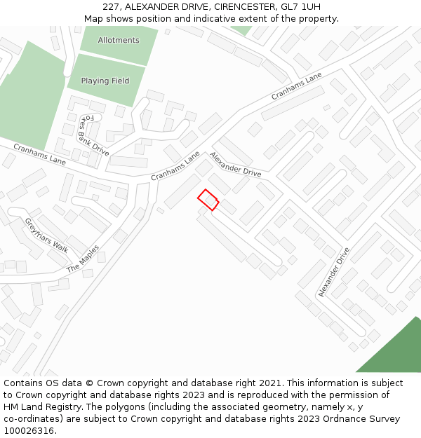 227, ALEXANDER DRIVE, CIRENCESTER, GL7 1UH: Location map and indicative extent of plot