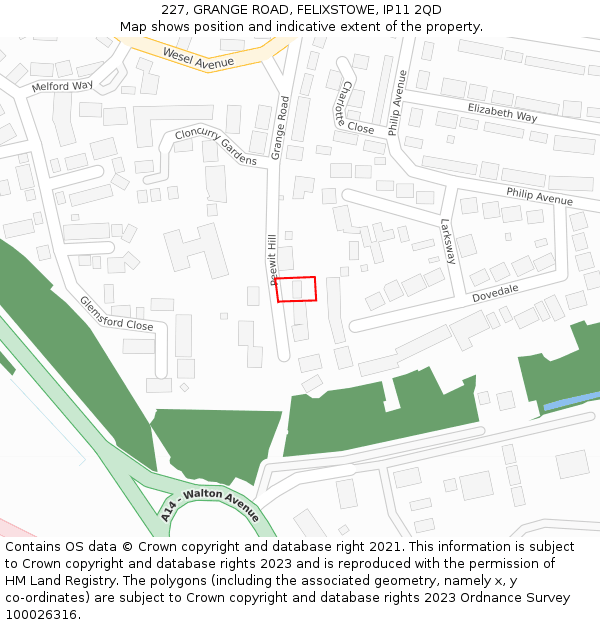 227, GRANGE ROAD, FELIXSTOWE, IP11 2QD: Location map and indicative extent of plot