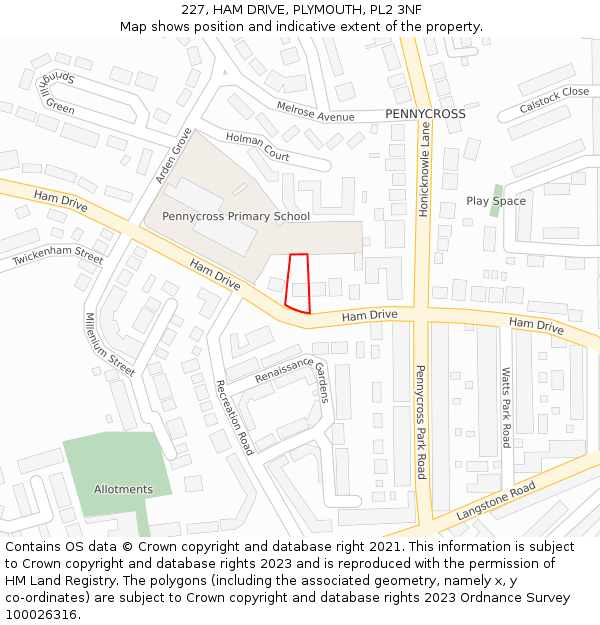 227, HAM DRIVE, PLYMOUTH, PL2 3NF: Location map and indicative extent of plot