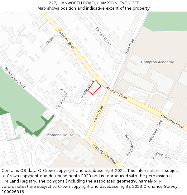 227, HANWORTH ROAD, HAMPTON, TW12 3EF: Location map and indicative extent of plot