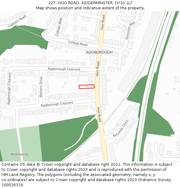 227, HOO ROAD, KIDDERMINSTER, DY10 1LT: Location map and indicative extent of plot