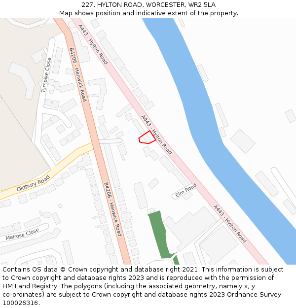 227, HYLTON ROAD, WORCESTER, WR2 5LA: Location map and indicative extent of plot