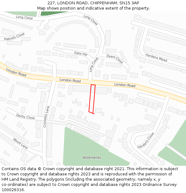 227, LONDON ROAD, CHIPPENHAM, SN15 3AP: Location map and indicative extent of plot