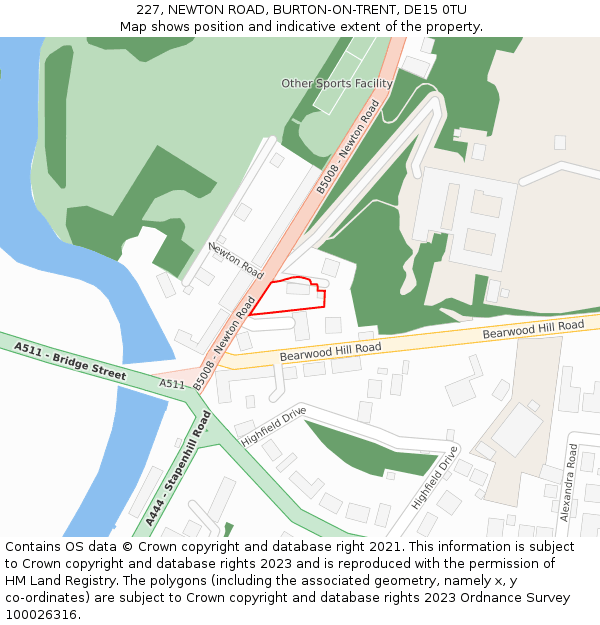 227, NEWTON ROAD, BURTON-ON-TRENT, DE15 0TU: Location map and indicative extent of plot