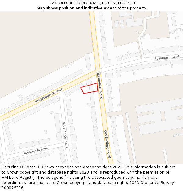 227, OLD BEDFORD ROAD, LUTON, LU2 7EH: Location map and indicative extent of plot