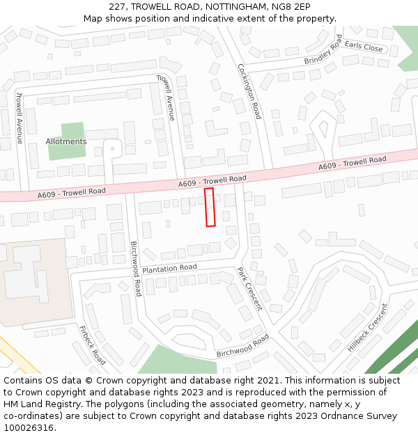 227, TROWELL ROAD, NOTTINGHAM, NG8 2EP: Location map and indicative extent of plot