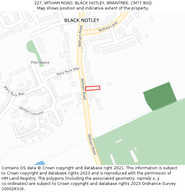 227, WITHAM ROAD, BLACK NOTLEY, BRAINTREE, CM77 8NQ: Location map and indicative extent of plot