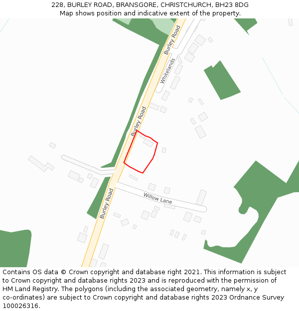 228, BURLEY ROAD, BRANSGORE, CHRISTCHURCH, BH23 8DG: Location map and indicative extent of plot