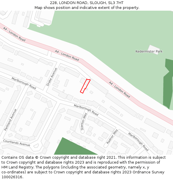 228, LONDON ROAD, SLOUGH, SL3 7HT: Location map and indicative extent of plot