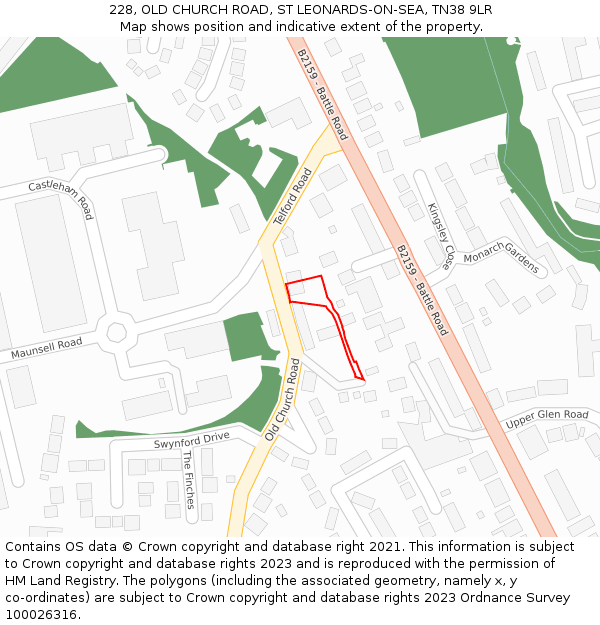 228, OLD CHURCH ROAD, ST LEONARDS-ON-SEA, TN38 9LR: Location map and indicative extent of plot