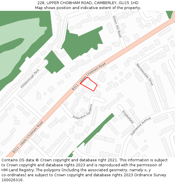 228, UPPER CHOBHAM ROAD, CAMBERLEY, GU15 1HD: Location map and indicative extent of plot