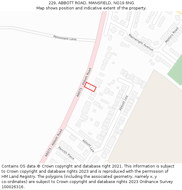 229, ABBOTT ROAD, MANSFIELD, NG19 6NG: Location map and indicative extent of plot