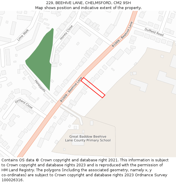 229, BEEHIVE LANE, CHELMSFORD, CM2 9SH: Location map and indicative extent of plot