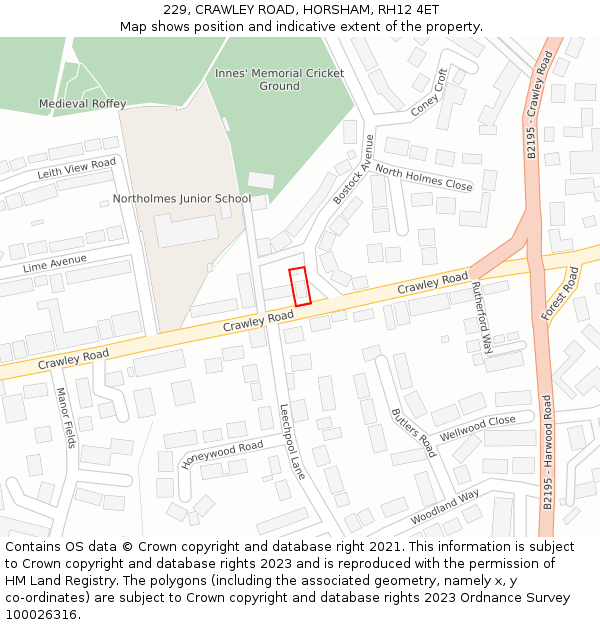 229, CRAWLEY ROAD, HORSHAM, RH12 4ET: Location map and indicative extent of plot