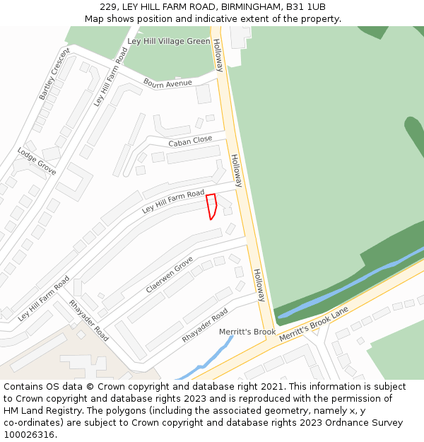 229, LEY HILL FARM ROAD, BIRMINGHAM, B31 1UB: Location map and indicative extent of plot