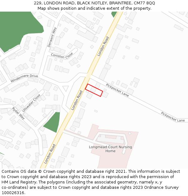 229, LONDON ROAD, BLACK NOTLEY, BRAINTREE, CM77 8QQ: Location map and indicative extent of plot