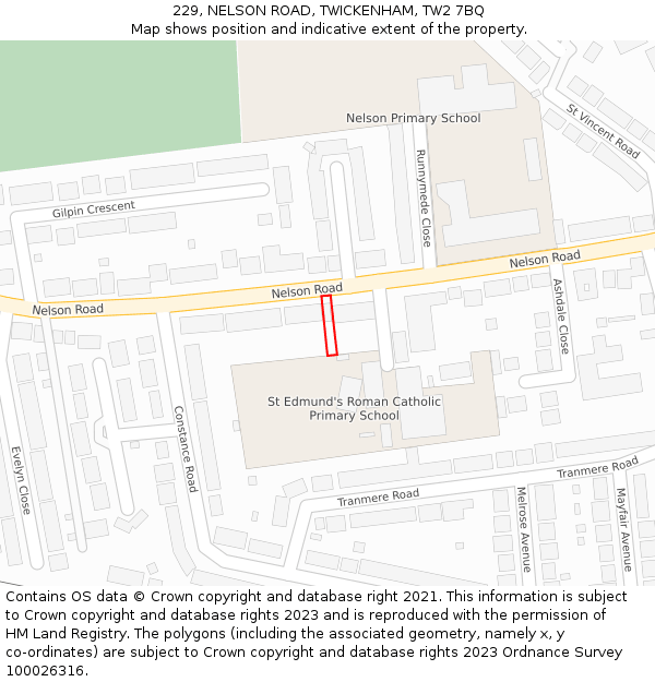 229, NELSON ROAD, TWICKENHAM, TW2 7BQ: Location map and indicative extent of plot