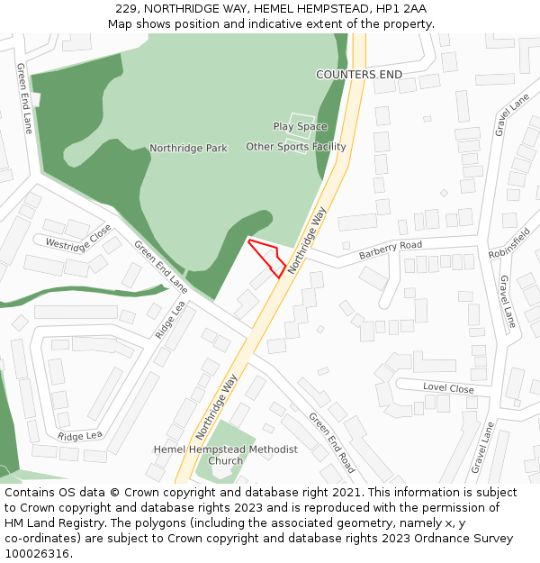 229, NORTHRIDGE WAY, HEMEL HEMPSTEAD, HP1 2AA: Location map and indicative extent of plot