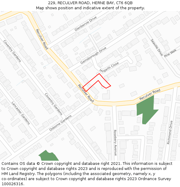 229, RECULVER ROAD, HERNE BAY, CT6 6QB: Location map and indicative extent of plot