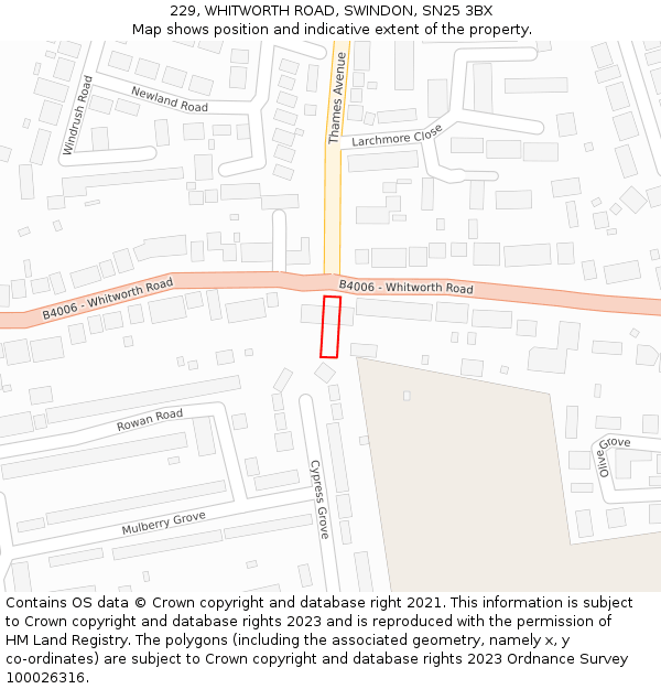 229, WHITWORTH ROAD, SWINDON, SN25 3BX: Location map and indicative extent of plot