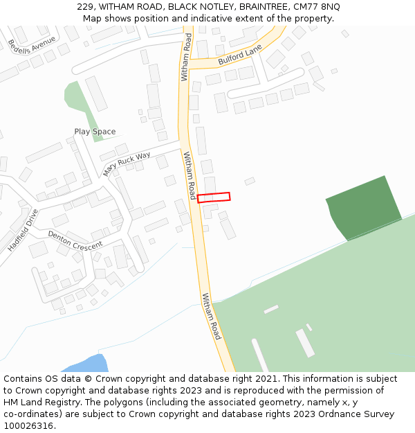 229, WITHAM ROAD, BLACK NOTLEY, BRAINTREE, CM77 8NQ: Location map and indicative extent of plot