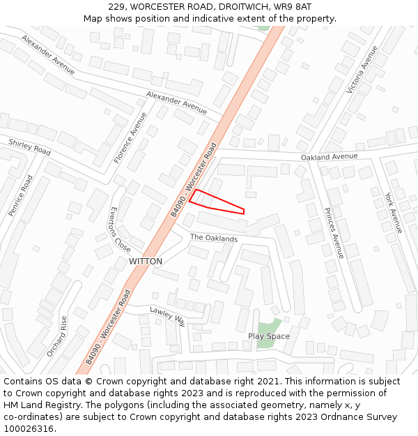 229, WORCESTER ROAD, DROITWICH, WR9 8AT: Location map and indicative extent of plot