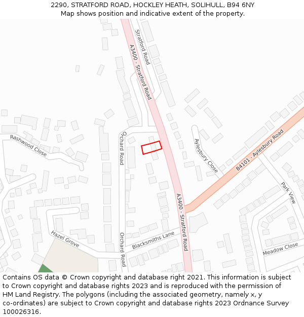 2290, STRATFORD ROAD, HOCKLEY HEATH, SOLIHULL, B94 6NY: Location map and indicative extent of plot