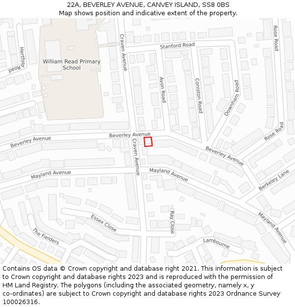 22A, BEVERLEY AVENUE, CANVEY ISLAND, SS8 0BS: Location map and indicative extent of plot