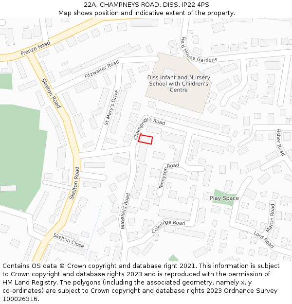 22A, CHAMPNEYS ROAD, DISS, IP22 4PS: Location map and indicative extent of plot