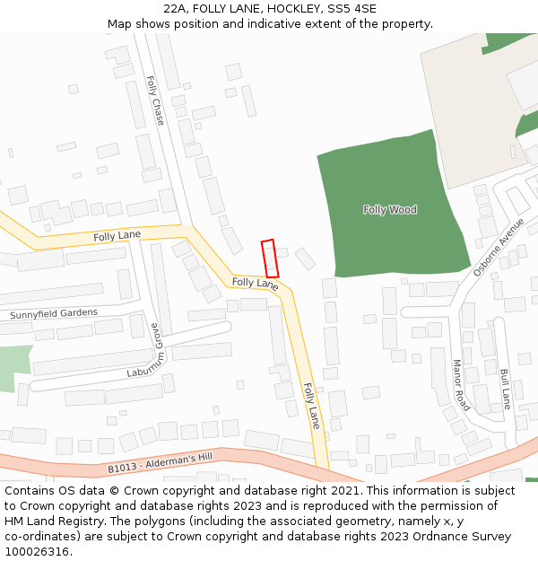 22A, FOLLY LANE, HOCKLEY, SS5 4SE: Location map and indicative extent of plot
