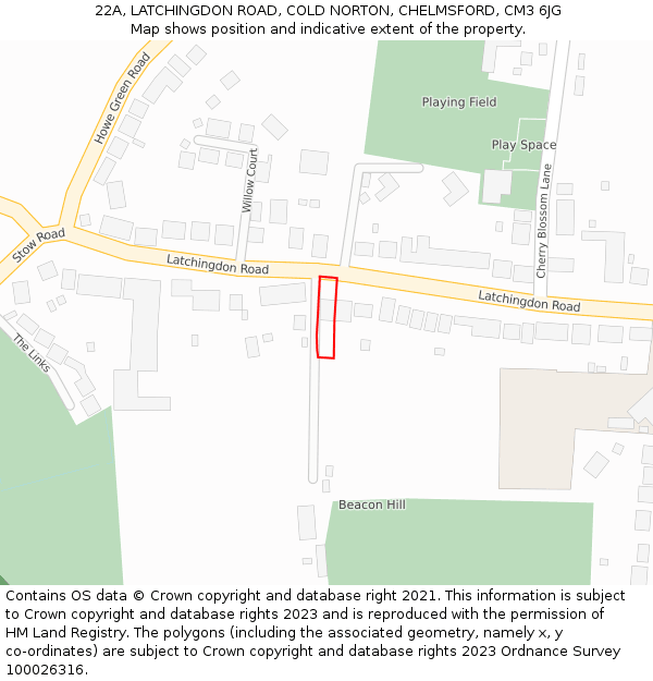 22A, LATCHINGDON ROAD, COLD NORTON, CHELMSFORD, CM3 6JG: Location map and indicative extent of plot