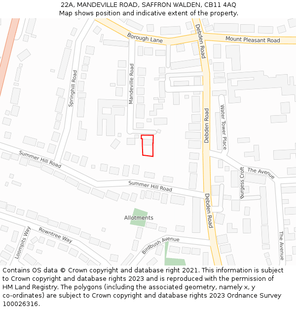 22A, MANDEVILLE ROAD, SAFFRON WALDEN, CB11 4AQ: Location map and indicative extent of plot