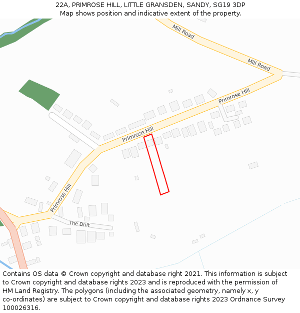 22A, PRIMROSE HILL, LITTLE GRANSDEN, SANDY, SG19 3DP: Location map and indicative extent of plot
