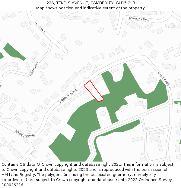22A, TEKELS AVENUE, CAMBERLEY, GU15 2LB: Location map and indicative extent of plot