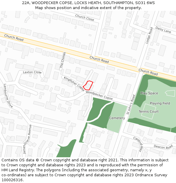 22A, WOODPECKER COPSE, LOCKS HEATH, SOUTHAMPTON, SO31 6WS: Location map and indicative extent of plot